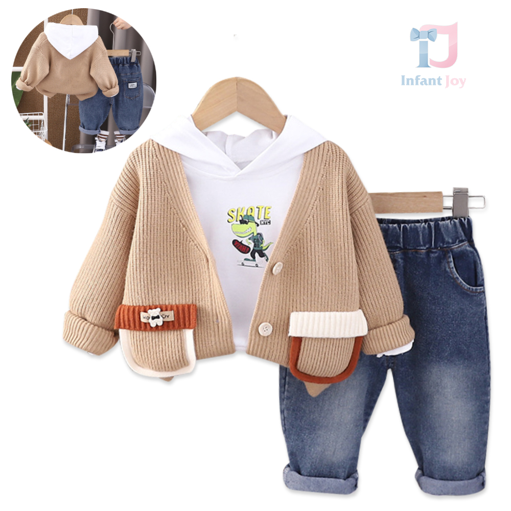 Set de 3 piese cu cardigan tricot, hanorac și pantaloni din denim Skate Dino