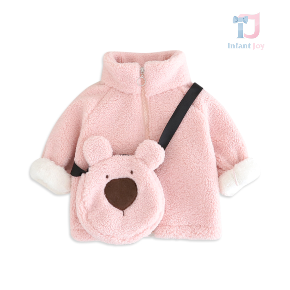 Set de iarnă de haină de pluș și geantă de umăr Bear Charm Pink