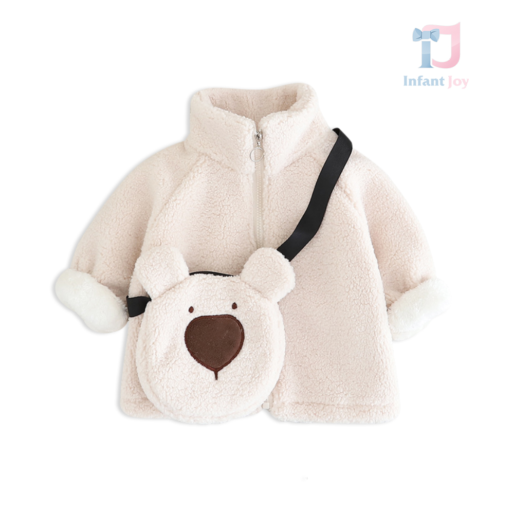 Set de iarnă de haină de pluș și geantă de umăr Bear Charm White