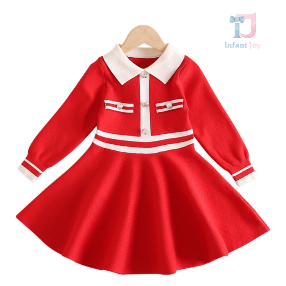 Rochie tricotată cu guler clasic și nasturi cu perlă Monochrome Grace Red