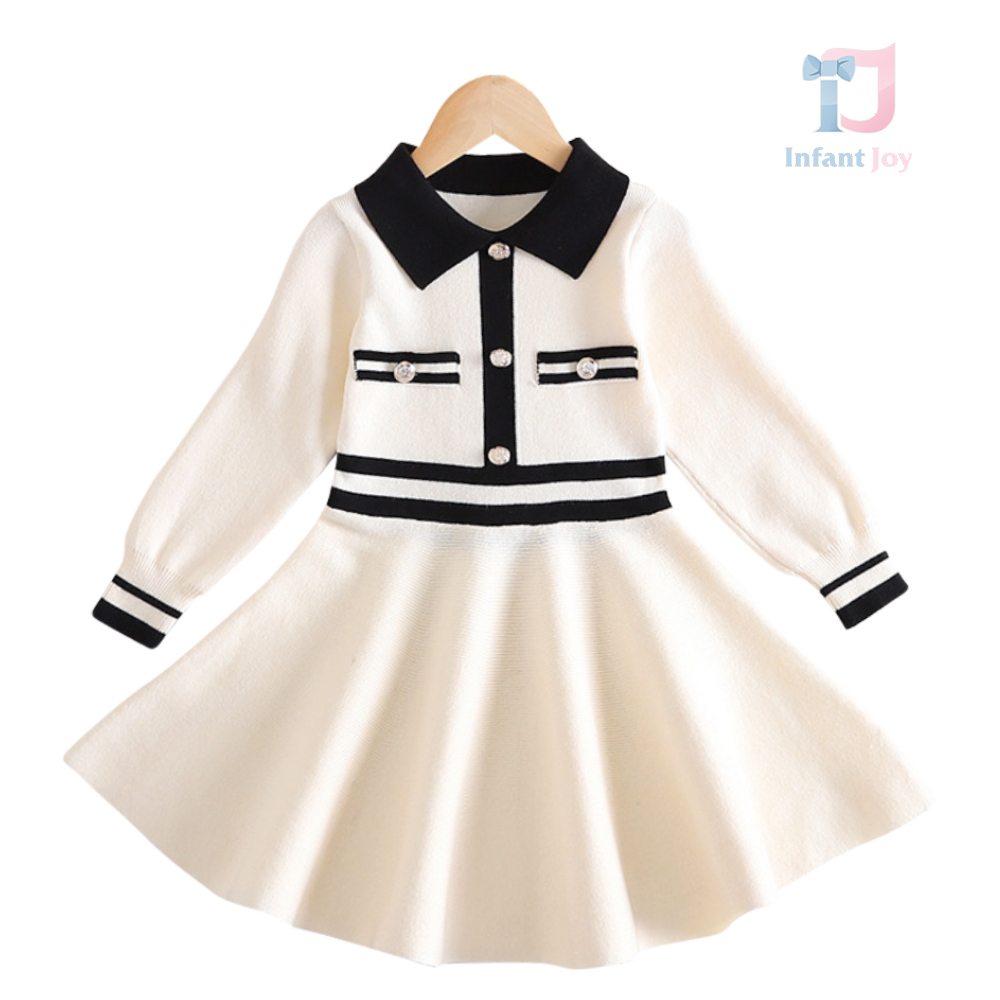 Rochie tricotată cu guler clasic și nasturi cu perlă Monochrome Grace White