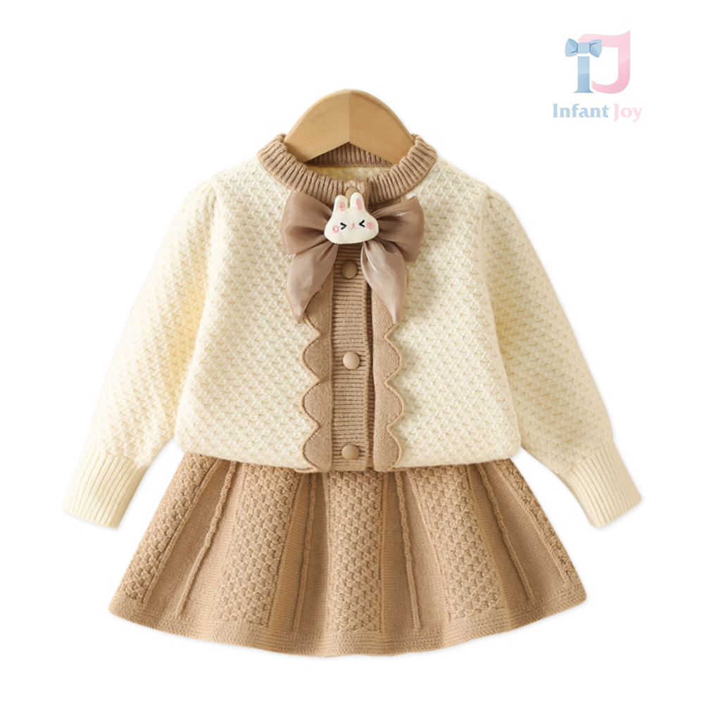 Set Premium tricotat de 3 piese cu cardigan, fustă și fundă cu element 3D Caramel Touch