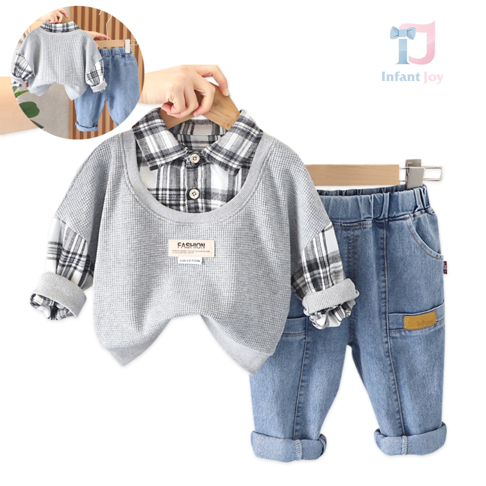 Set sport-elegant de 2 piese cu guler clasic şi pantaloni din denim Layered Style