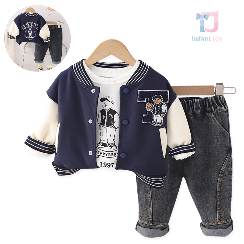 Set de 3 piese cu jachetă bomber cu imprimeuri în relief, bluziță și pantaloni din denim Let`s Play Basketball Navy