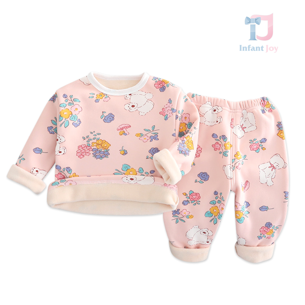 Set pijama de 2 piese cu vată moale și model floral Bears Forest Garden Pink