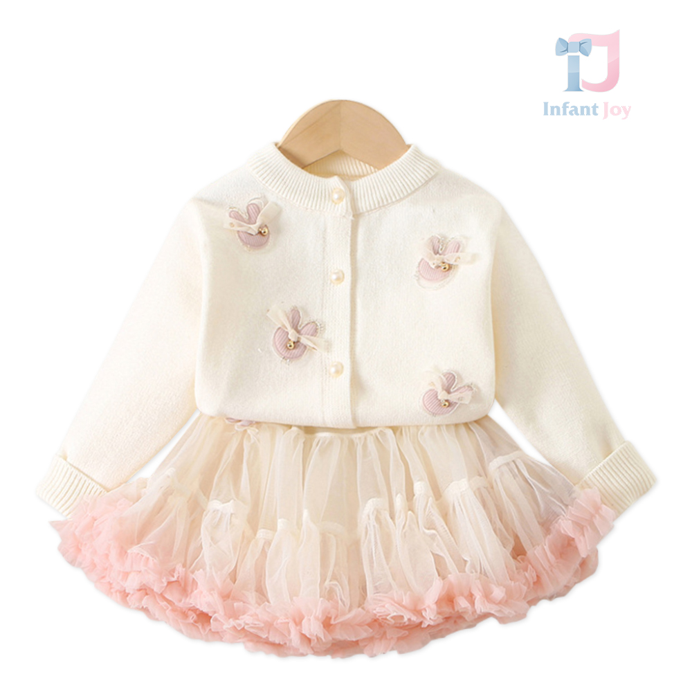 Set Premium de 2 piese cu cardigan cu elemente 3D și fustă cu tutu voluminos Pearl Bunny