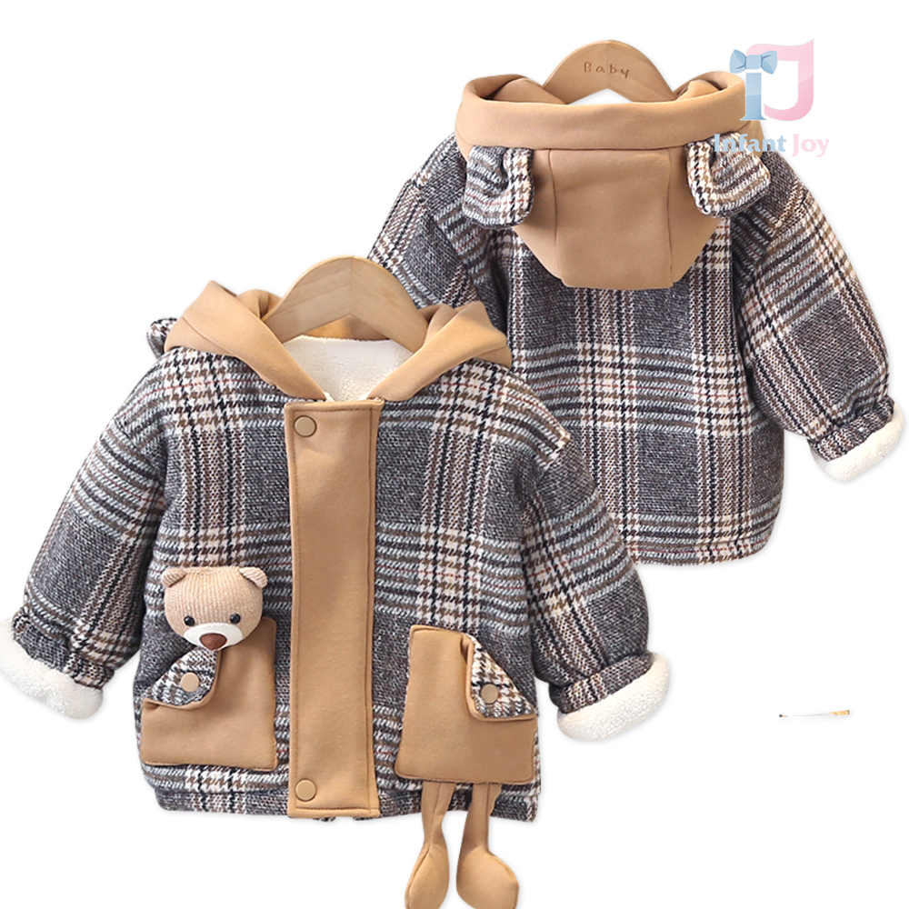 Palton modern matlasat cu puf ecologic, glugă și elemente 3D Warm Bear Checkered