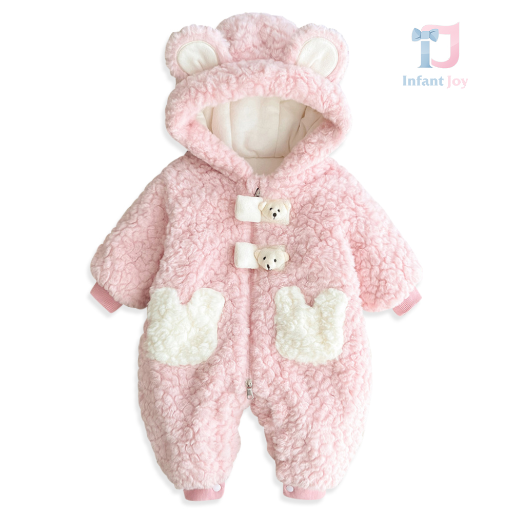 Combinezon pufos cu glugă și urechiușe 3D, închidere cu fermoar Pink Fluff Cubby