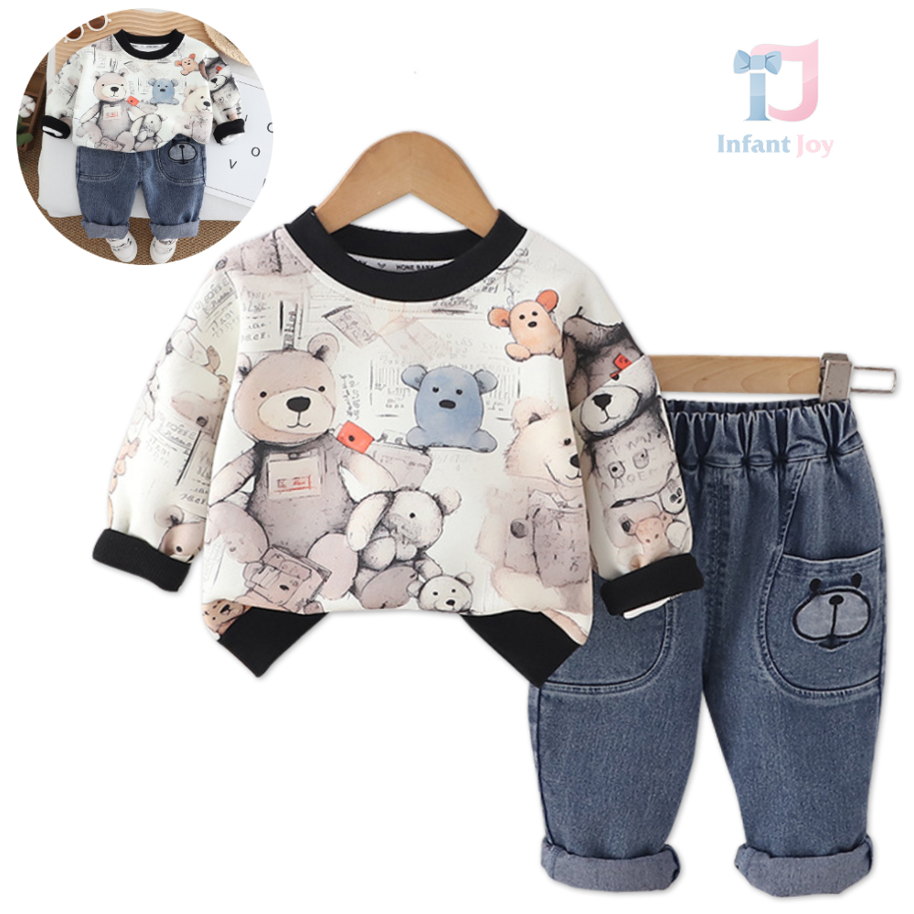 Set de 2 piese cu pantaloni din denim și bluză cu multiple ursuleți Bear Buddy White
