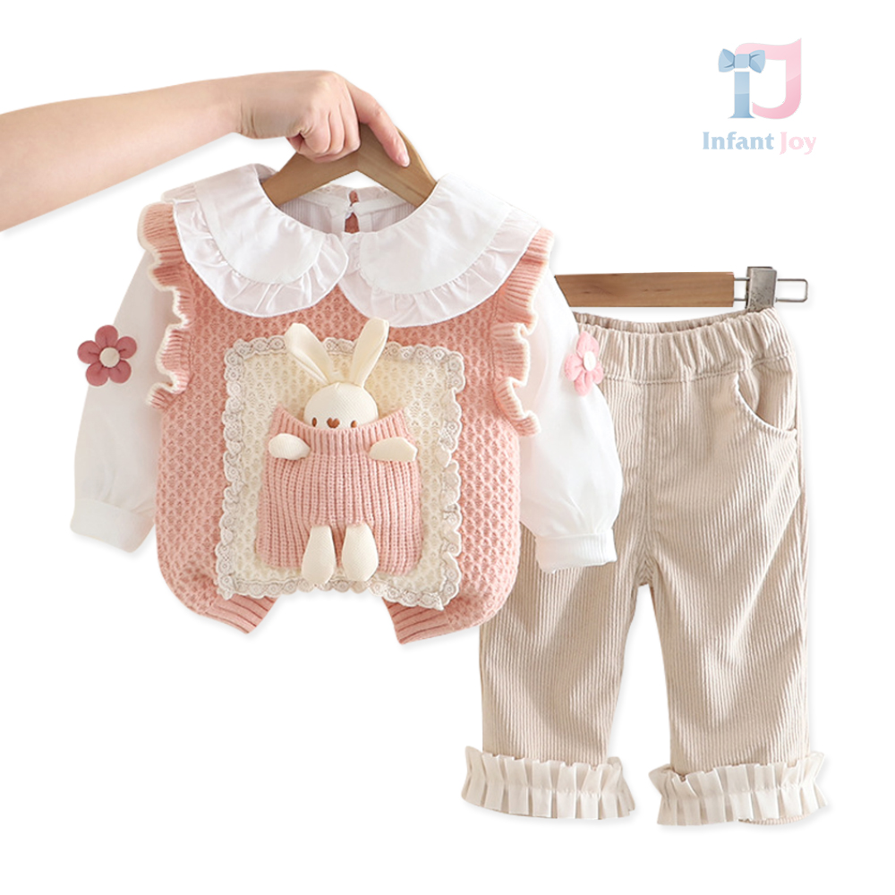 Set premium de 3 piese cu vestă din tricot, bluză cu guler “Peter Pan” și pantaloni din denim Bunny Lace