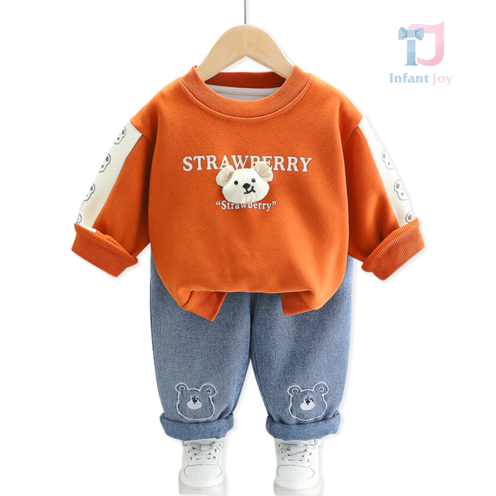 Set de 2 piese cu pantaloni din denim, broderii și elemente 3D Cute Teddy Berry