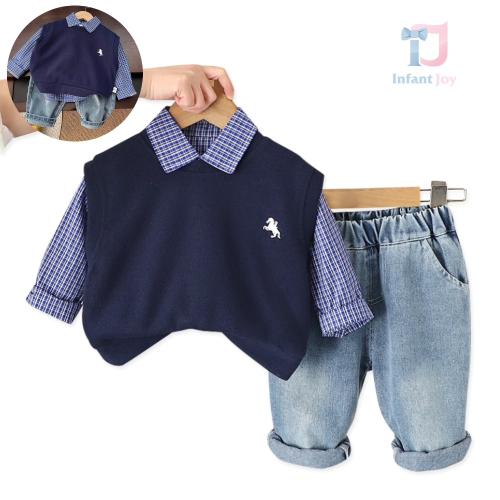 Set sportiv-elegant de 3 piese cu vestă, cămașă clasică și pantaloni din denim El Classico