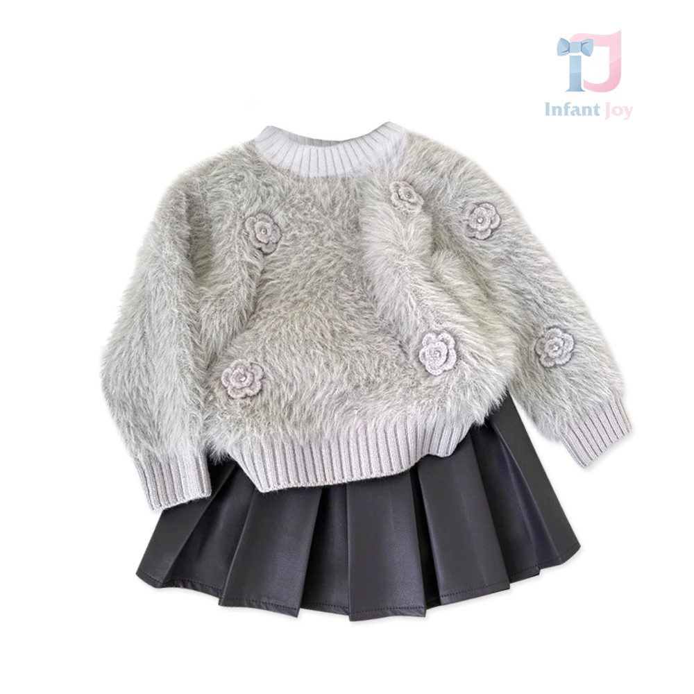 Set premium din 2 piese cu pulover pufos cu elemente 3D și fustă din piele plisată Fashion Mystic