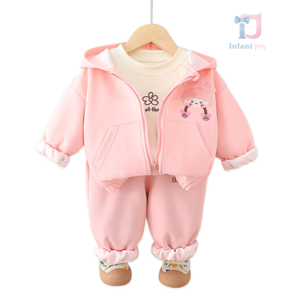 Set sport de 3 piese cu glugă și imprimeuri și broderii adăugate Happiest Girl Pink