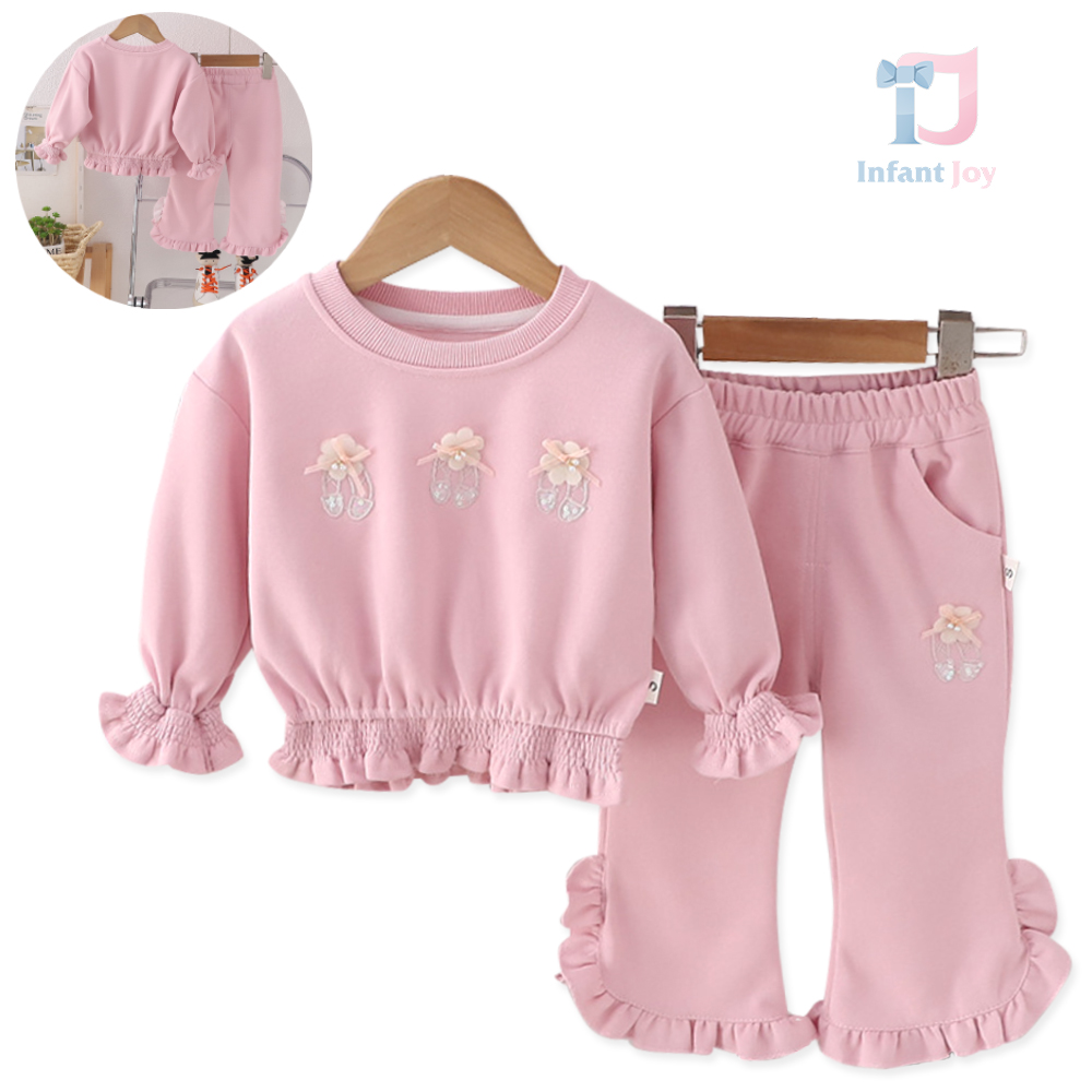 Set modern din 2 piese cu bucle adunate, broderii și panglici 3D Mini Ballerina Pink