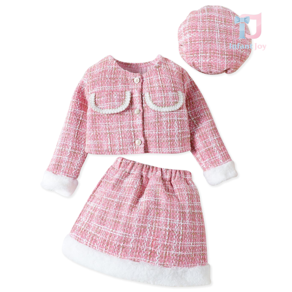 Set oficial de 3 piese din tweed cu sacou, fustă și beretă Parisian Style Pink