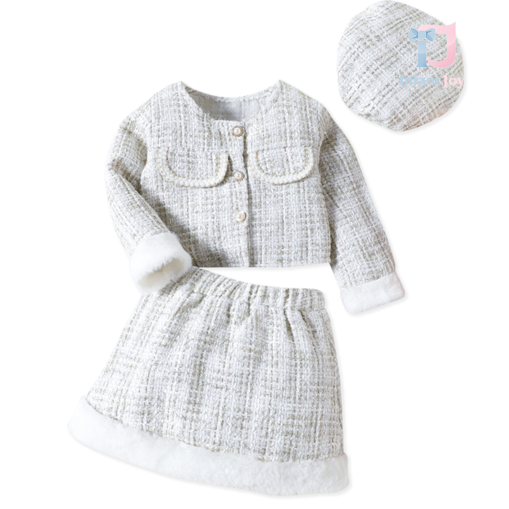 Set oficial de 3 piese din tweed cu sacou, fustă și beretă Parisian Style White