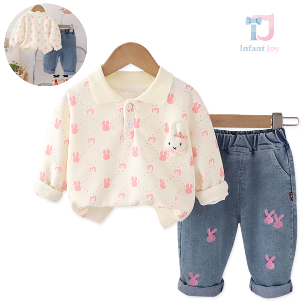 Set 2 piese cu guler clasic și pantaloni din denim cu broderie Pink Bunny