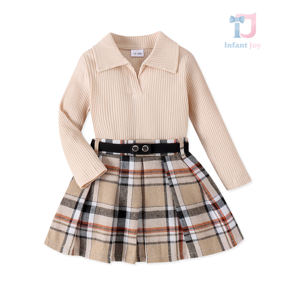 Set de 2 piese cu bluză cu guler clasic și fustă plisată Plaid Elegance Beige