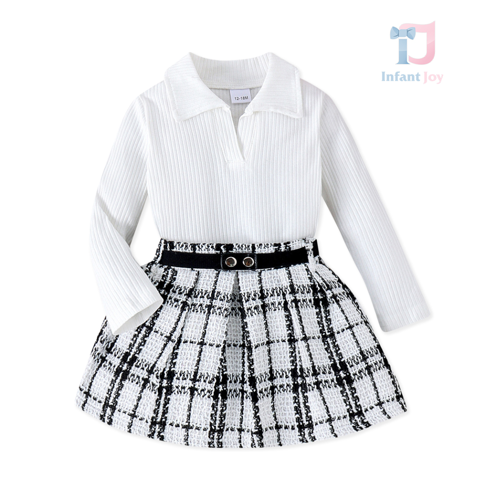 Set de 2 piese cu bluză cu guler clasic și fustă plisată Plaid Elegance