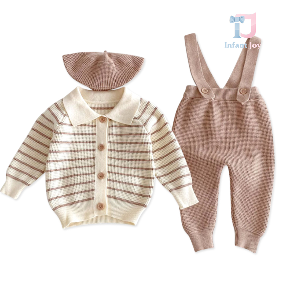 Set tricotat premium de 3 piese cu cardigan și beretă Paris Boy Beige