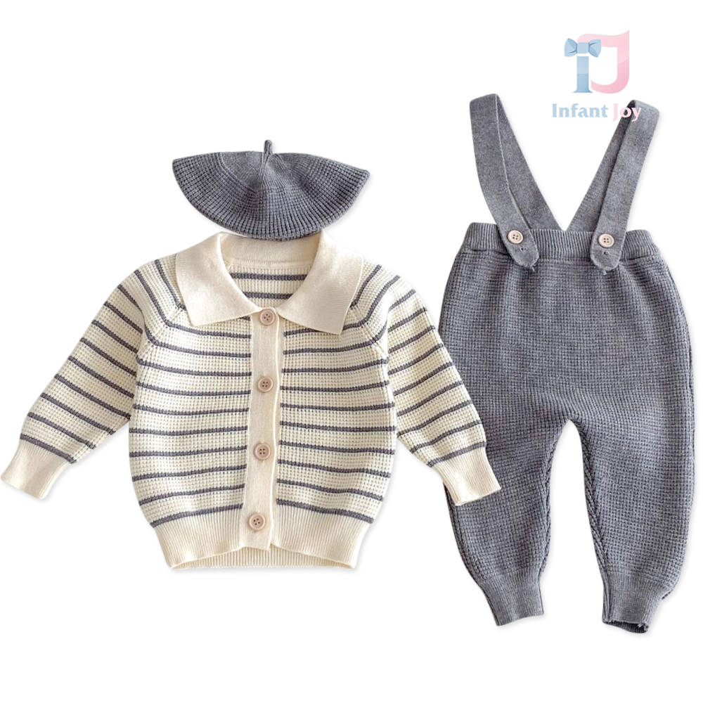 Set tricotat premium de 3 piese cu cardigan și beretă Paris Boy Grey