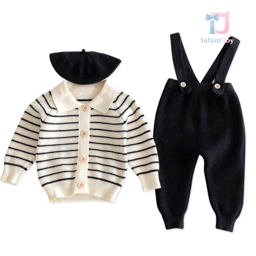 Set tricotat premium de 3 piese cu cardigan și beretă Paris Boy