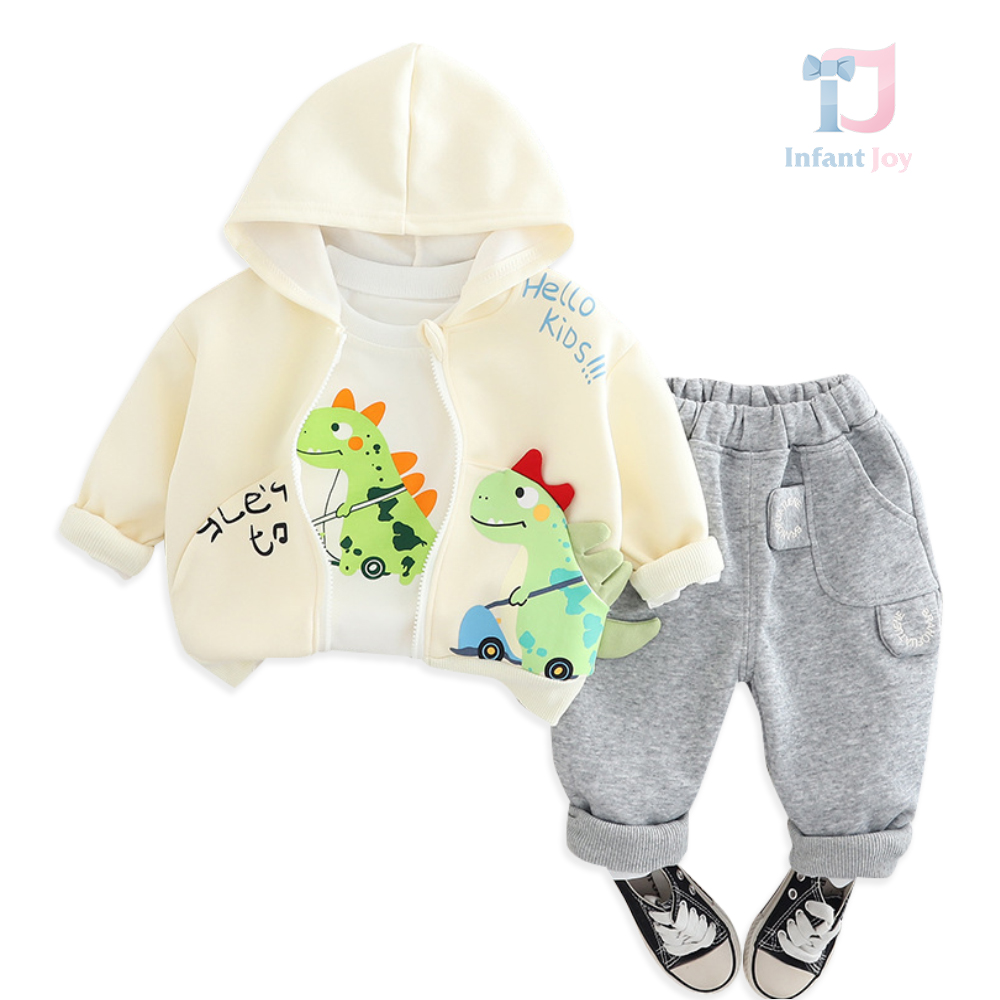 Set sport de 3 piese cu glugă, imprimeuri și elemente 3D Scooter Dino