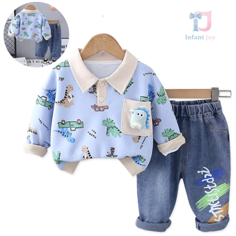 Set de 2 piese cu bluză cu guler clasic și pantaloni din denim Traffic Dino Blue