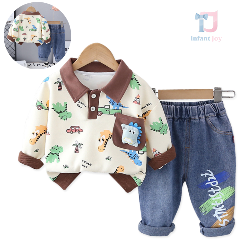 Set de 2 piese cu bluză cu guler clasic și pantaloni din denim Traffic Dino