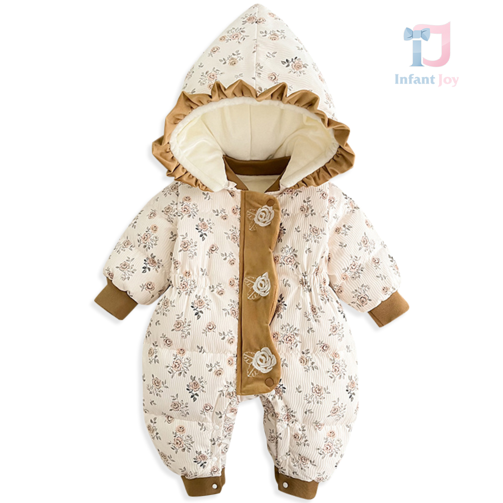Combinezon călduros cu model floral și glugă cu volane adăugate Blossom Snowsuit