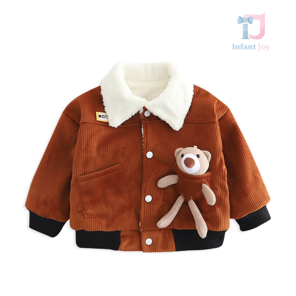 Geacă din catifea denim cu interior din blană albă și ursuleț 3D Fashion Teddy