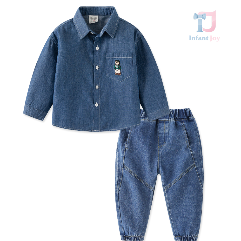 Set din denim de 2 piese cu cămașă cu guler clasic și broderie Casual Blue Style