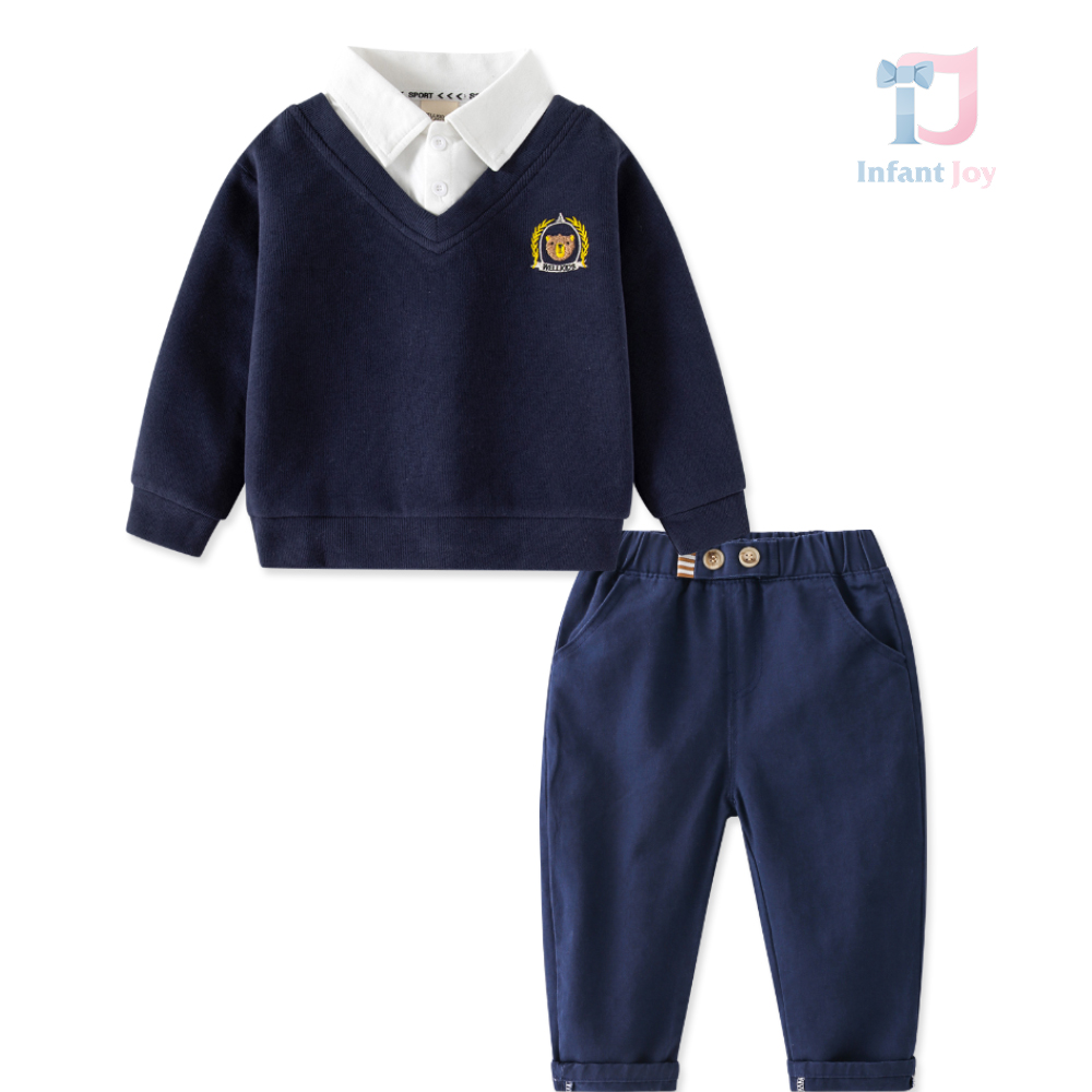 Set de 2 piese cu pulover cu guler clasic și broderie Elegant Academy Navy