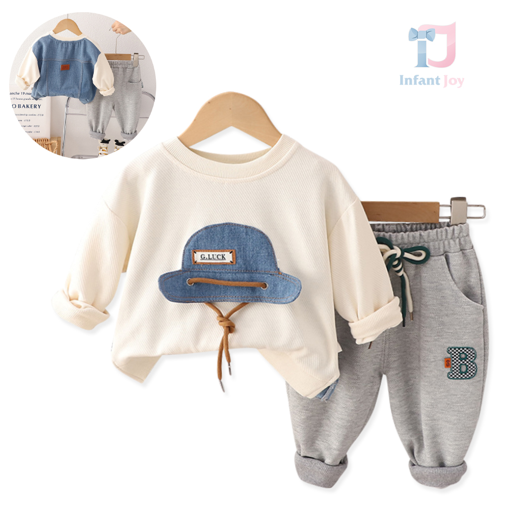 Set de 2 piese cu bluză cu spate din denim, elemente 3D moderne și pantaloni sport Lucky Hat