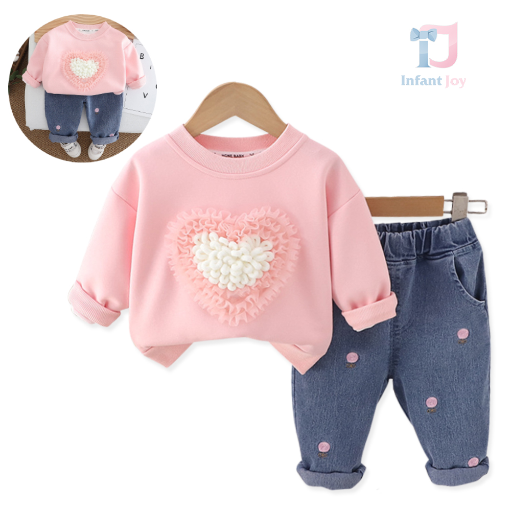 Set de 2 piese cu pantaloni din denim și aplicație 3D din pluș Tender Heart Pink