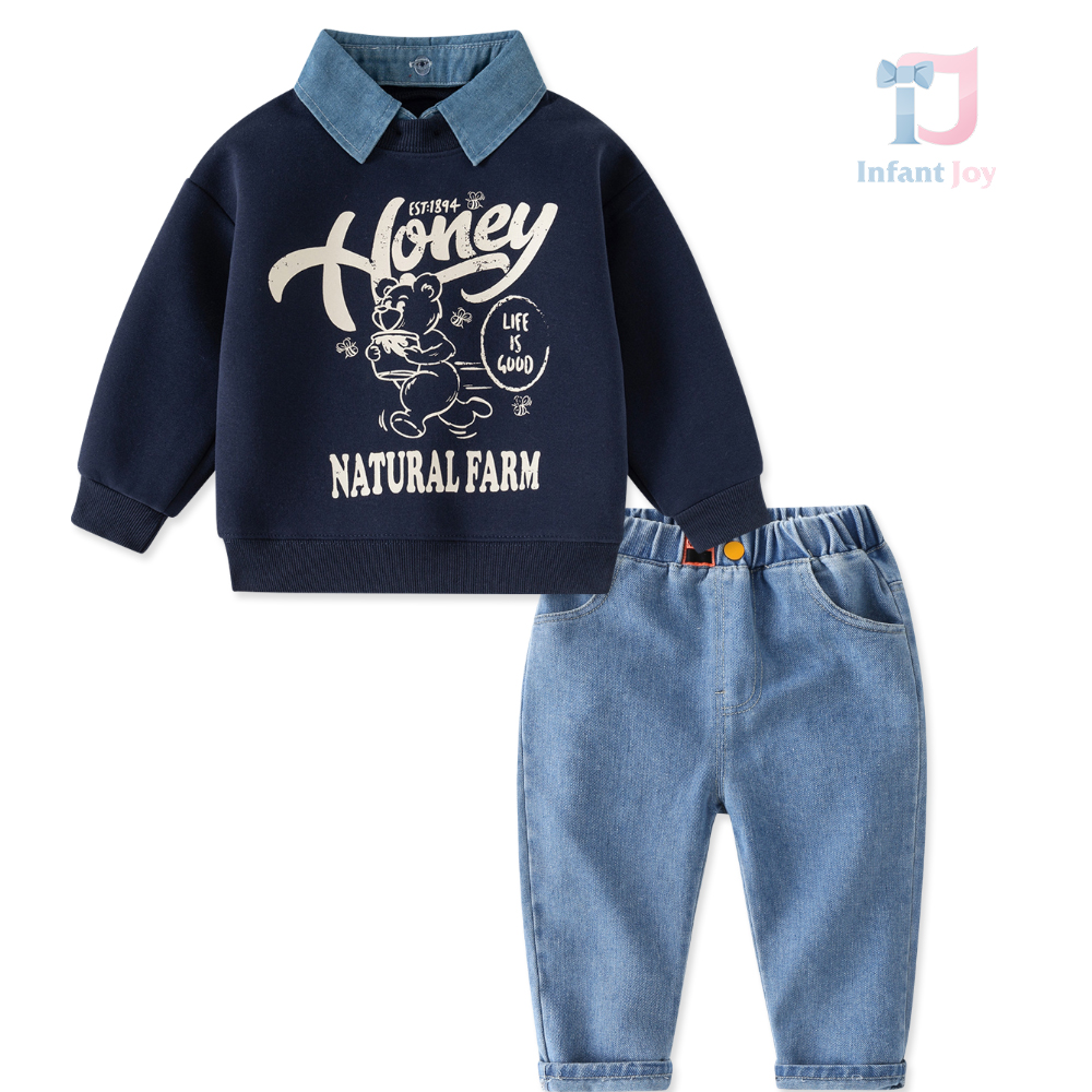 Set de 3 piese cu bluză/hanorac modern cu guler din denim și pantaloni din denim Trendy Honey Bear Navy