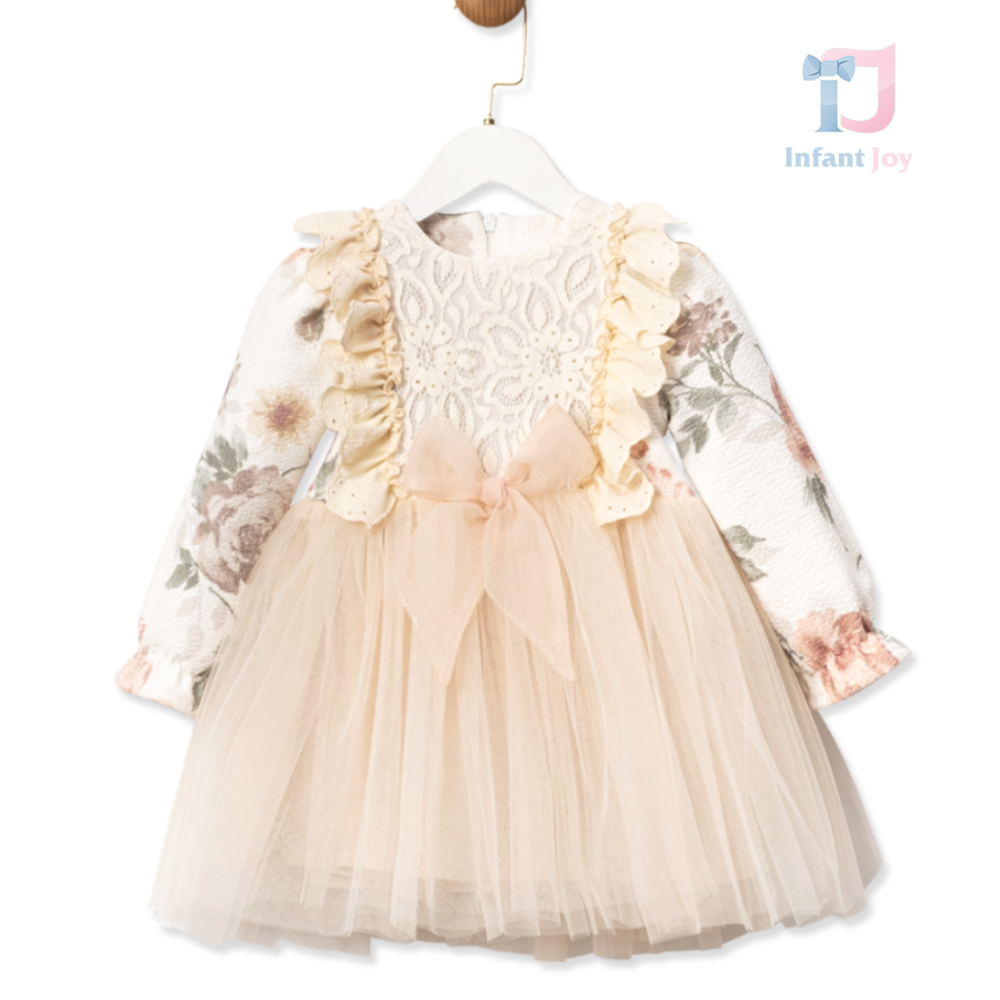 Rochie premium cu model floral, dantelă franțuzească, volane și fundiță din tul Romantic Ruffles