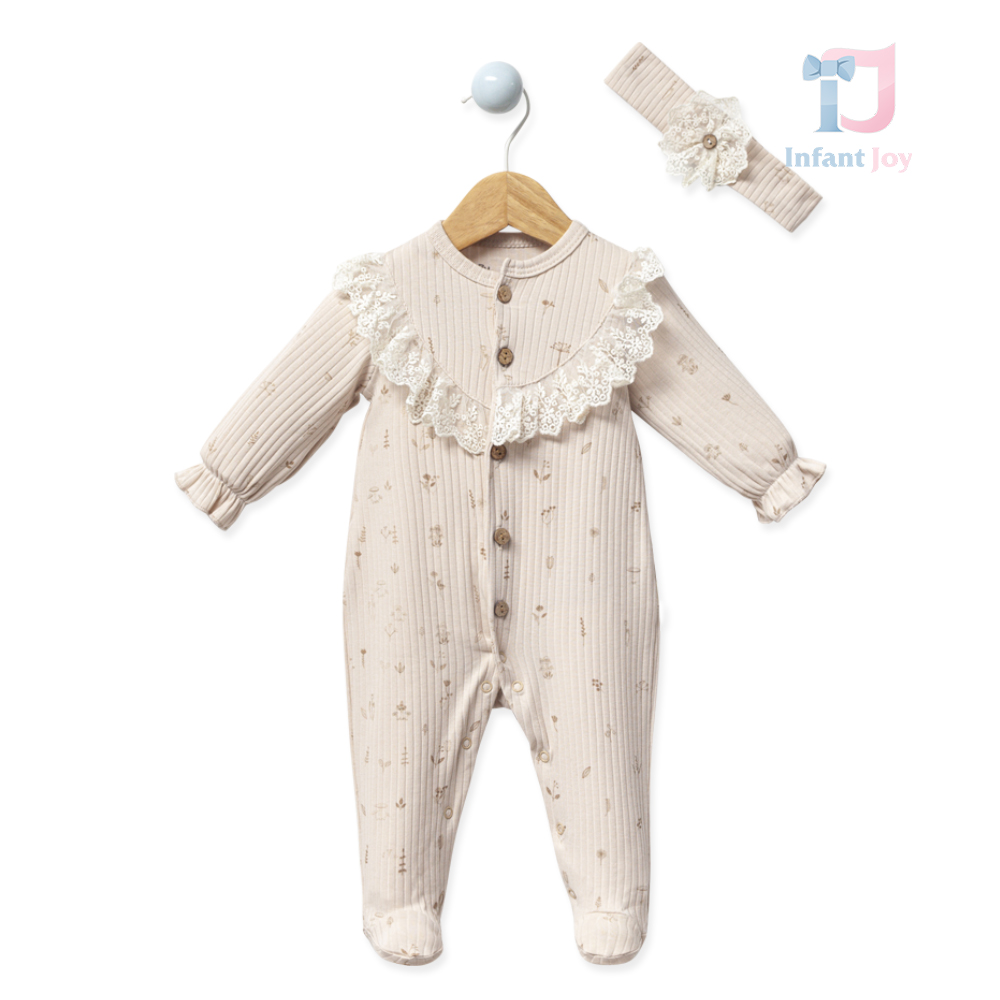 Romper din rips de bumbac cu dantelă franțuzească, nasturi din lemn și bentiță pentru cap Victorian Charm