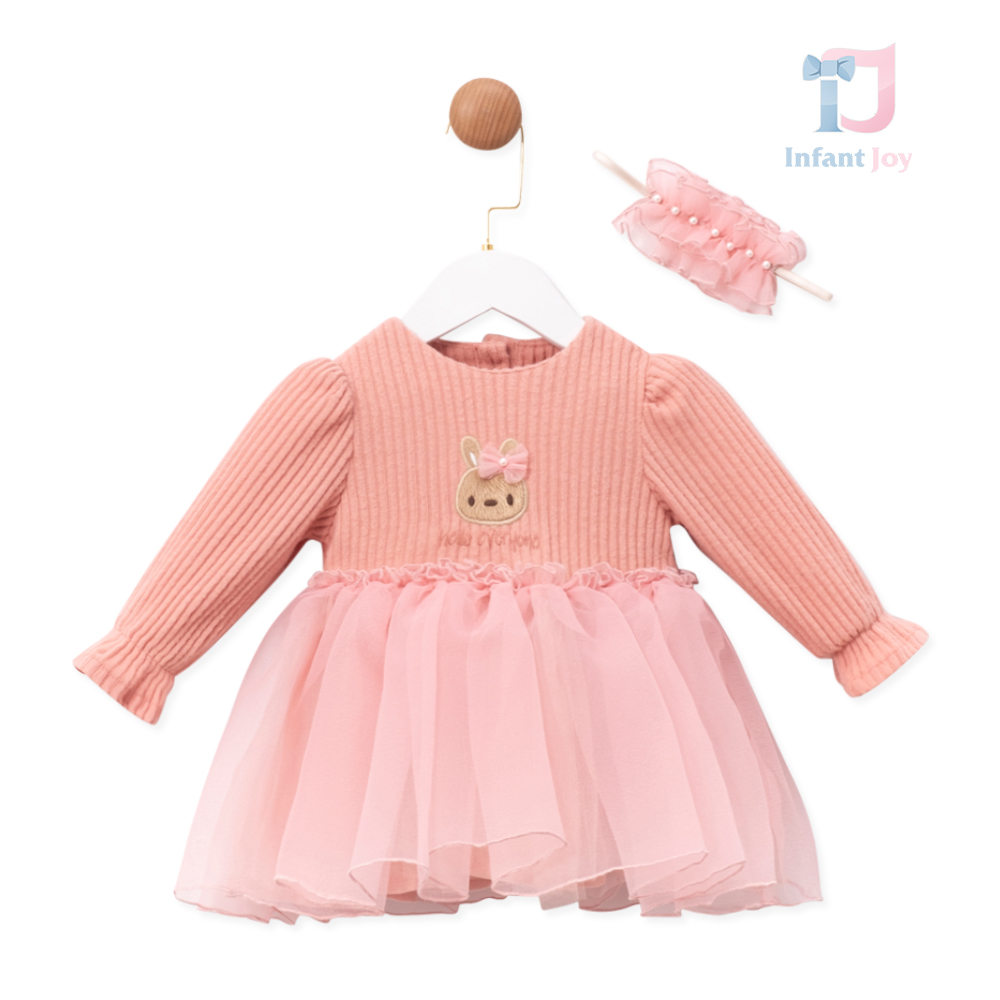 Set de 2 piese cu rochie din rips cu aplicație din pluș, bentiță pentru cap și tul delicat Pink Whimsy Bunny
