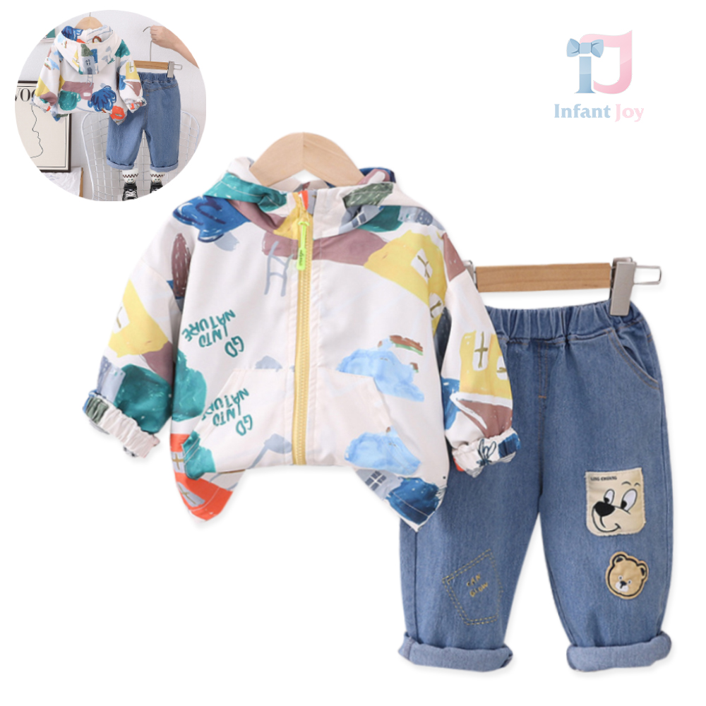 Set de 2 piese cu jachetă din fâș cu glugă și pantaloni din denim Color Splash