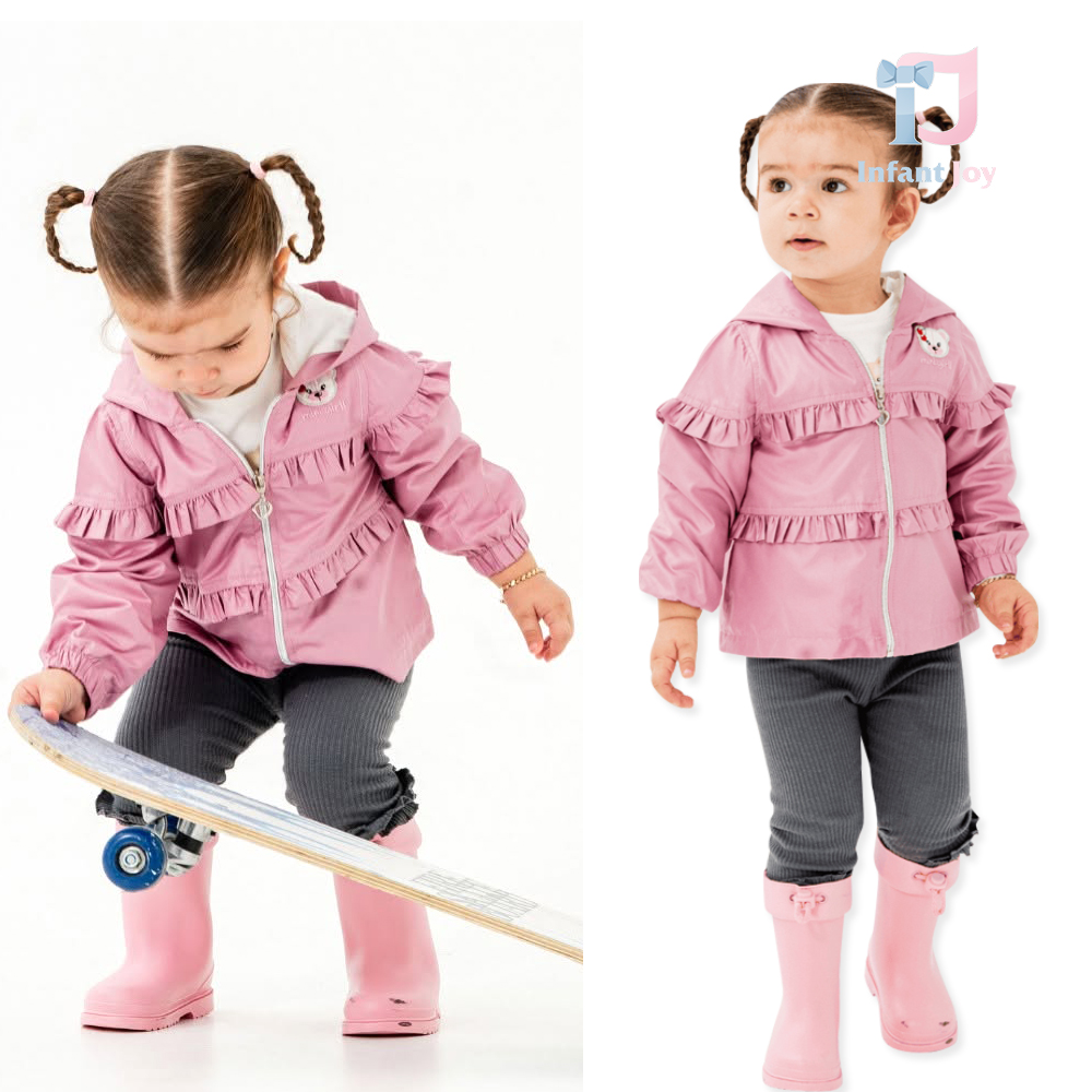 Set de 3 piese cu jachetă din fâș cu volane, colanți din rips și bluză Dainty Drizzle Pink