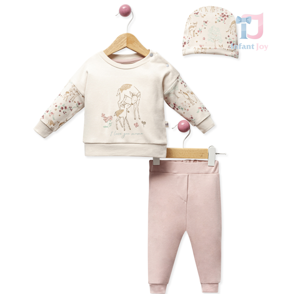 Set din 100% bumbac de 3 piese cu bluză cu model floral, pantaloni și căciuliță Deer & Blossom