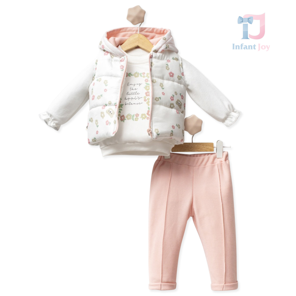 Set de 3 piese cu vestă cu model floral și glugă, colanți și bluză cu imprimeu Peach Serenity