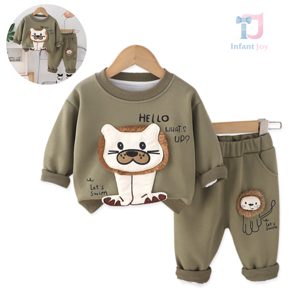 Set de 2 piese cu aplicație 3D și elemente imprimate Lion Buddy Olive Green