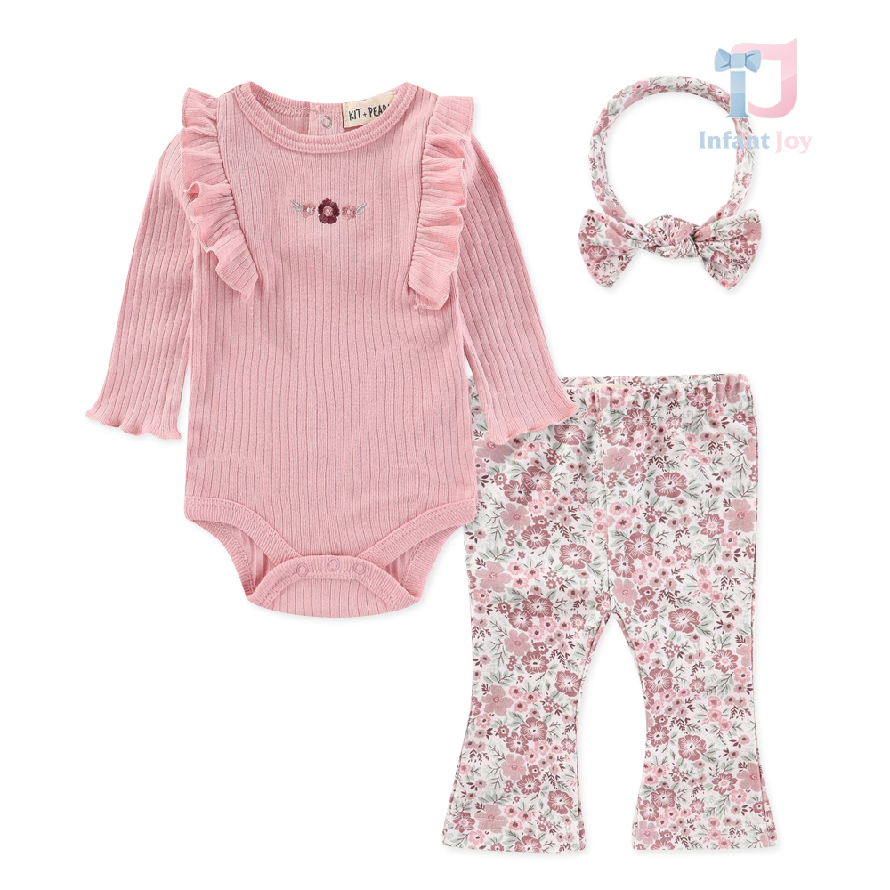 Set de 3 piese pentru bebeluși cu model floral, volane și broderie Little Pink Flower
