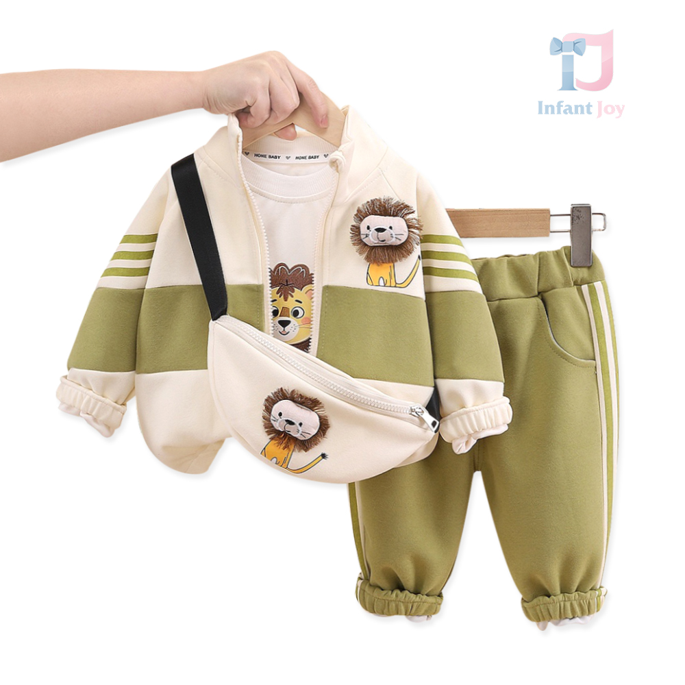 Set sport de 4 piese cu guler înalt, elemente 3D, imprimeuri și borsetă de umăr Mighty Green Roar