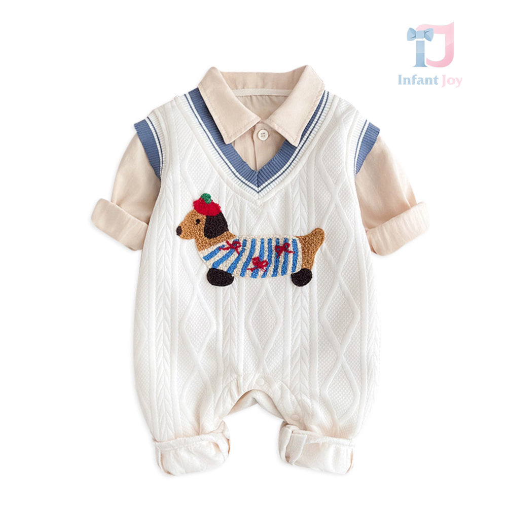 Set de 2 piese cu cămașă cu guler clasic și romper reliefat din mix de materiale Elegant Puppy