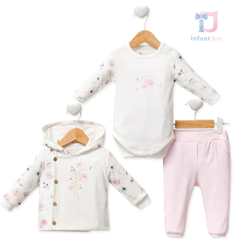 Set din rips de bumbac de 3 piese cu cardigan cu glugă, body și pantaloni Spring Whisper