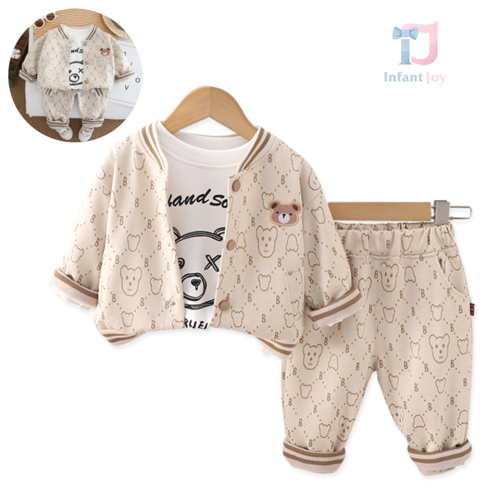 Set sport de 3 piese cu multiple imprimeuri cu ursuleți și broderie adăugată Teddy Little Explorer